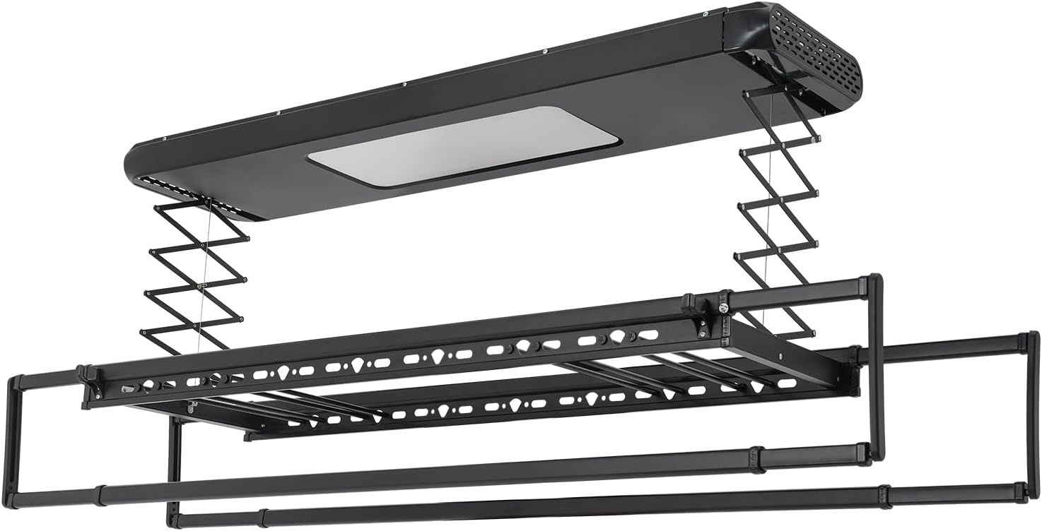 Electric Clothes Airing Rack,Adjustable Ceiling Mounted Smart Control Clothes Airing Rack w/ LED Lighting & 2 Retractable Rods,Vertical Laundry Clothesline w/ 8 Horizontal Rods for Balcony (Black)