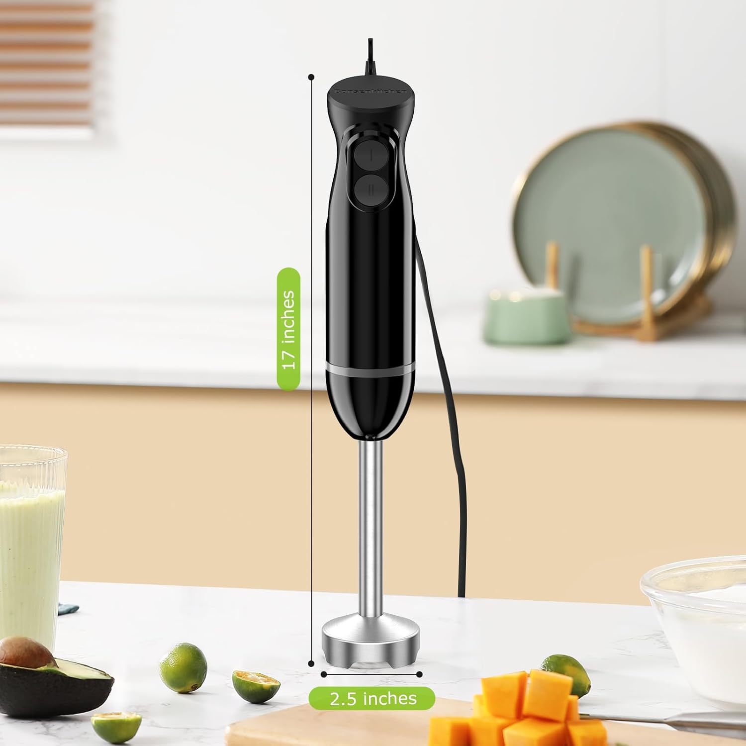 Bonsenkitchen Hand Blender, Immersion Blender with 2 Mixing Speed, Electric Handheld Mixer Portable Stick Mixer with Stainless Steel Blades for Soup, Smoothie, Puree, Baby Food