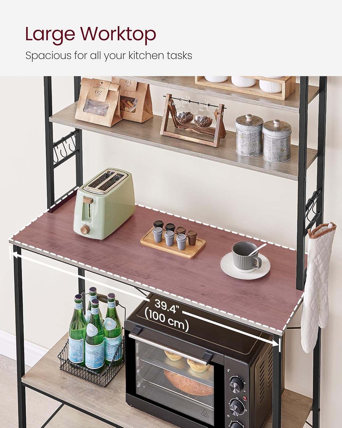 VASAGLE Coffee Bar, 39.4 Inches Baker's Rack for Kitchen with Storage, 6-Tier Kitchen Shelves with 6 Hooks, Microwave Stand, Industrial, Heather Greige and Ink Black UKKS039K02