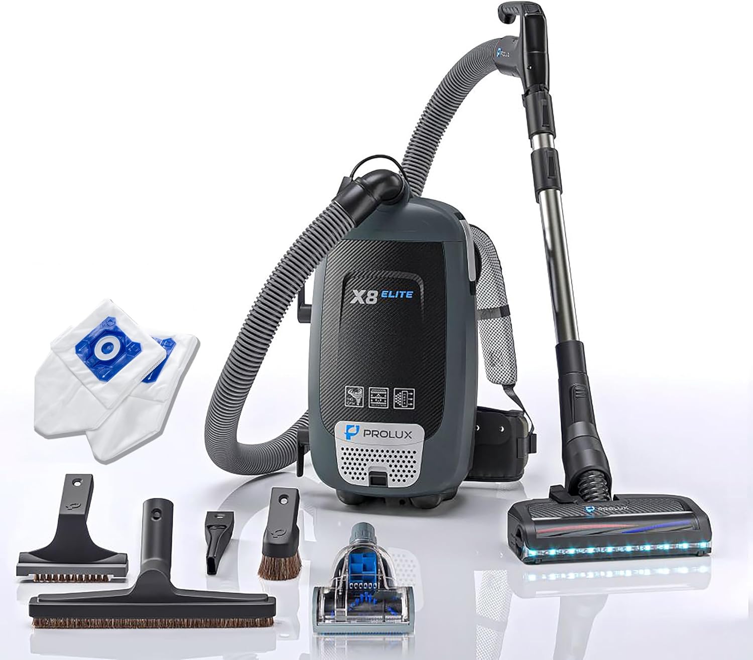 Prolux X8 Elite Canister Backpack Vacuum, HEPA Filtration, Tools for Every Cleaning Task on Any Surface, Illuminating LED Lights, Adjustable Straps