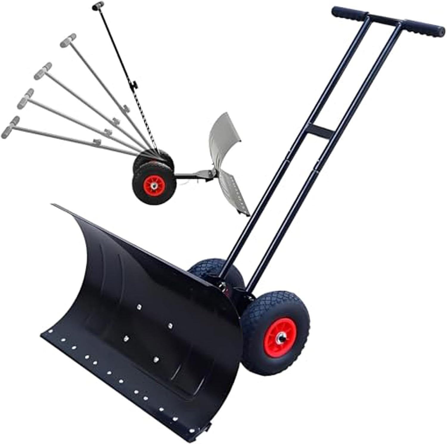 Heavy Duty Manual Snow Shovel with Wheels,74 * 42cm Carbon Steel Rolling Snow Pusher with 5-Level Adjustable Handle & 360° Adjustable Shovel Head,for Ice Removal On Driveways,Sidewalks,Gardens