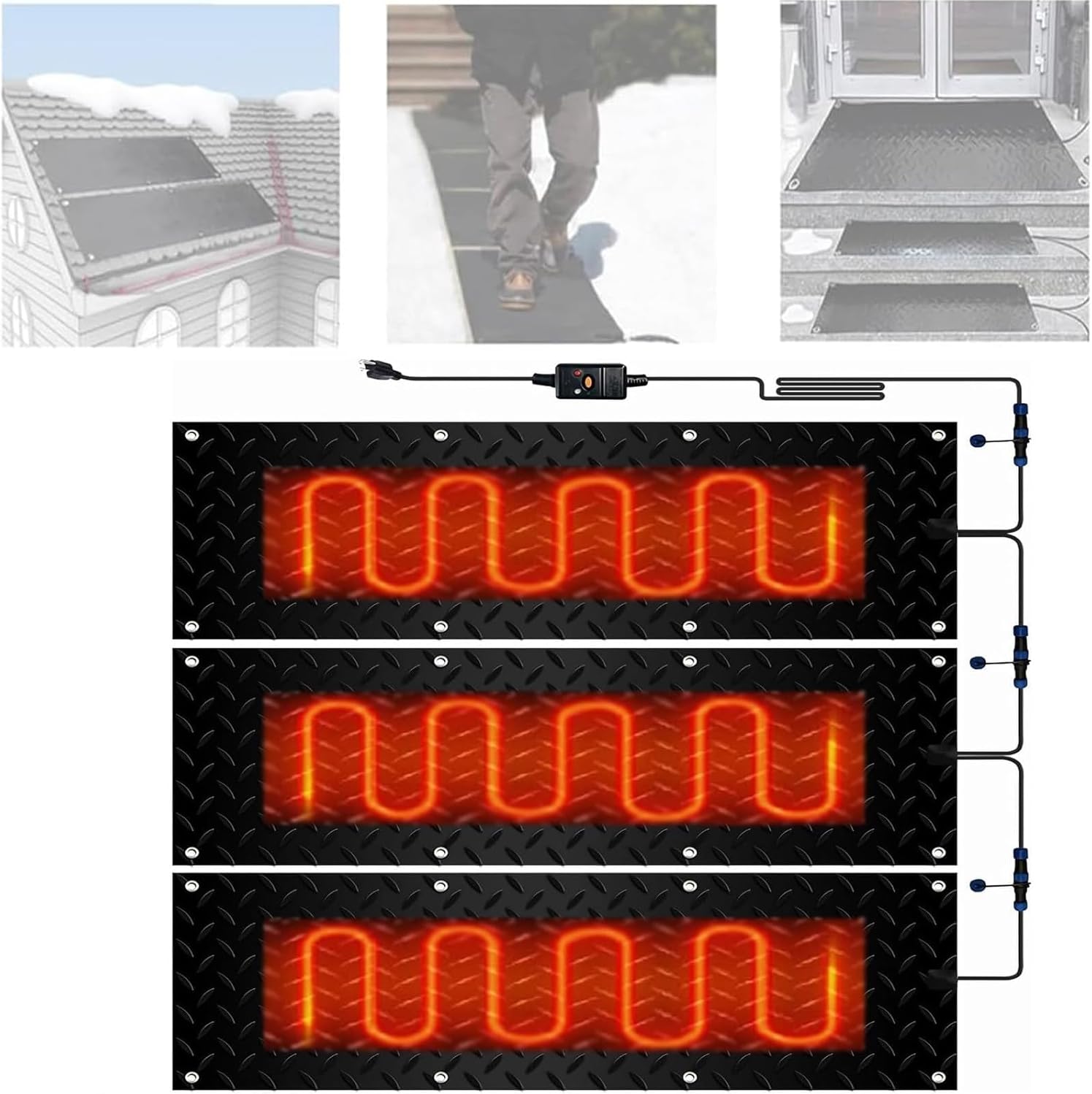 Snow Melting Walkway Mat, Non Slip Rubber Heated Mat with Power Cord, Snow and Ice Heated Pad for Winter Outdoor Stairs, Steps, Doorways, Walkways,3 Pcs-40x160cm/15.7x63in