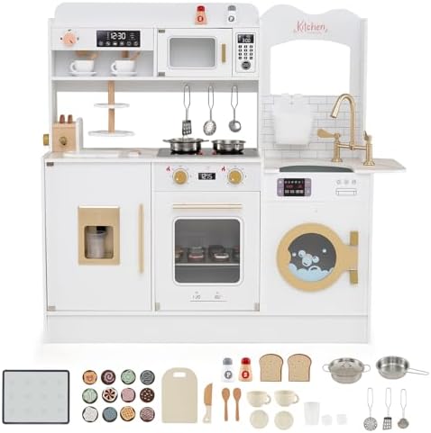 Costzon Kids Kitchen Playset, Toddler Wooden Pretend Playset w/Real Lights & Sounds, Faucet, Microwave Oven, Coffee Machine, Toaster & Ice Dispenser, Little Chef Play Kitchen for Kids Aged 3+ (White)