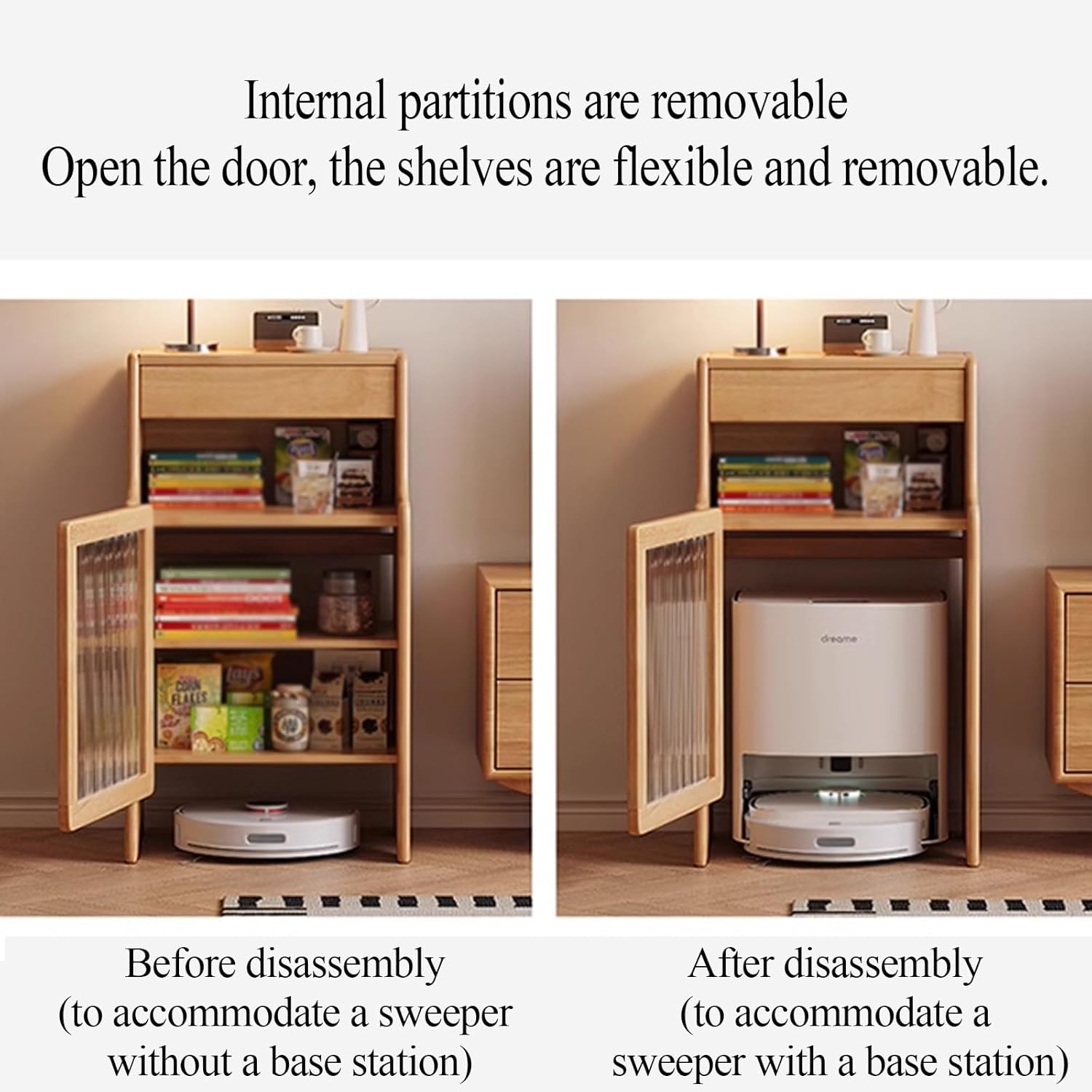 ANINGT Storage Cabinet with Doors and Drawers Robot Vacuum Hidden Cabinet, Modern Wooden Side Table with Removable Shelves (Natural, 50cm x 45cm x 90cm, Bedroom/Living Room)