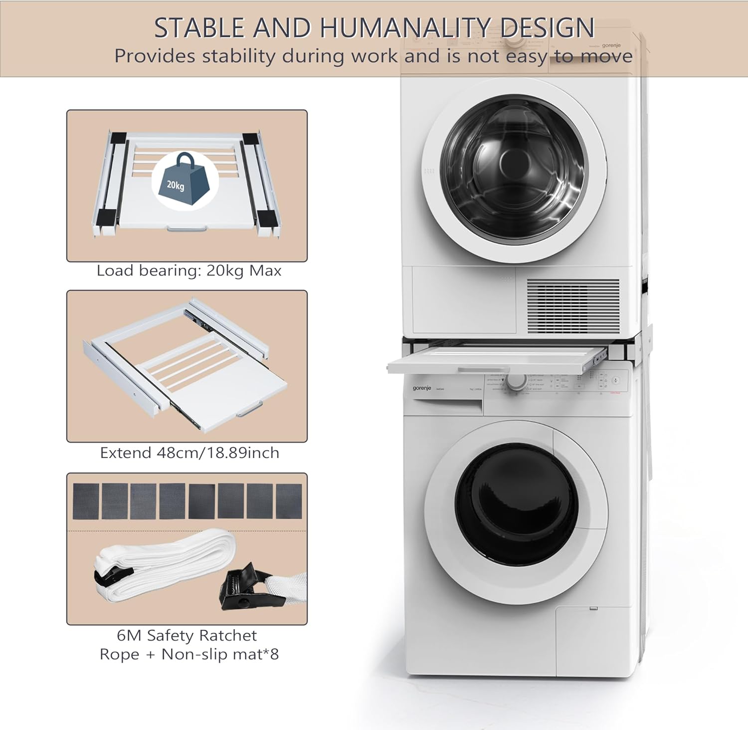 Stacking Kit for Washer and Dryer, 60x55cm, Washing Machine Stacking Kits with Pull-Out Plate, Metal Connecting Frame for Washing Machine Dryer with Drying Rack (Including Ratchet Ropes)