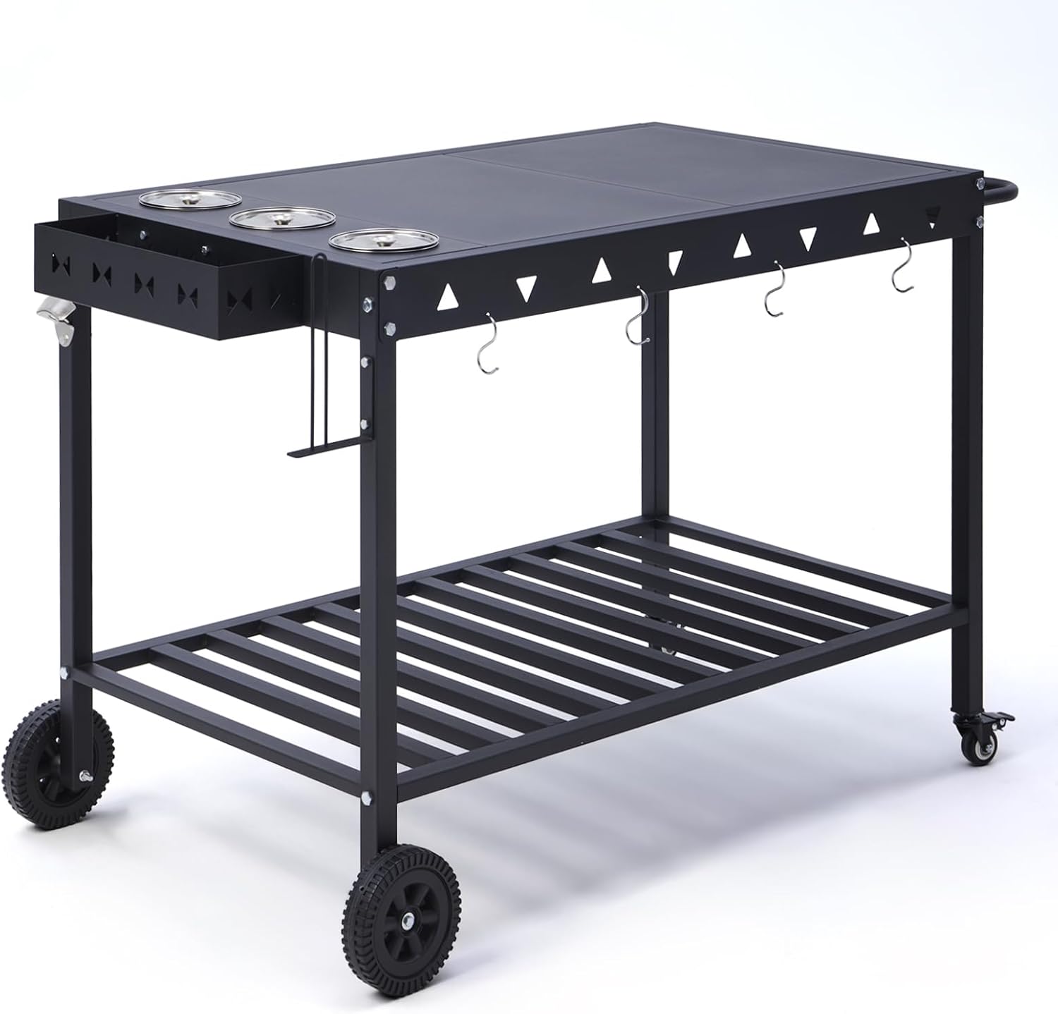 Portable Outdoor Grill Table with Wheels, Heavy-Duty Griddle Stand Grill Cart with Shelves,Towel Holder, Spice Pots & Bottle Opener, Multi-Functional BBQ Prep Station & Utility Cart