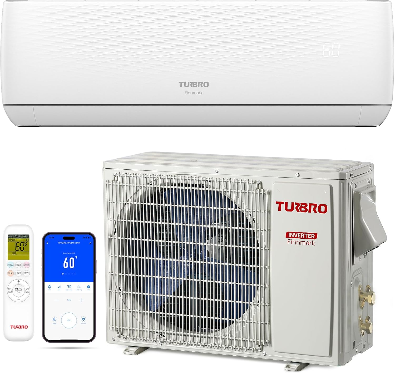TURBRO 12,000 BTU Ductless Mini Split Inverter AC with Heat Pump, 17 SEER2, 230V, WiFi-Enabled, Works with App, Cools up to 750 Sq.Ft, Finnmark Series