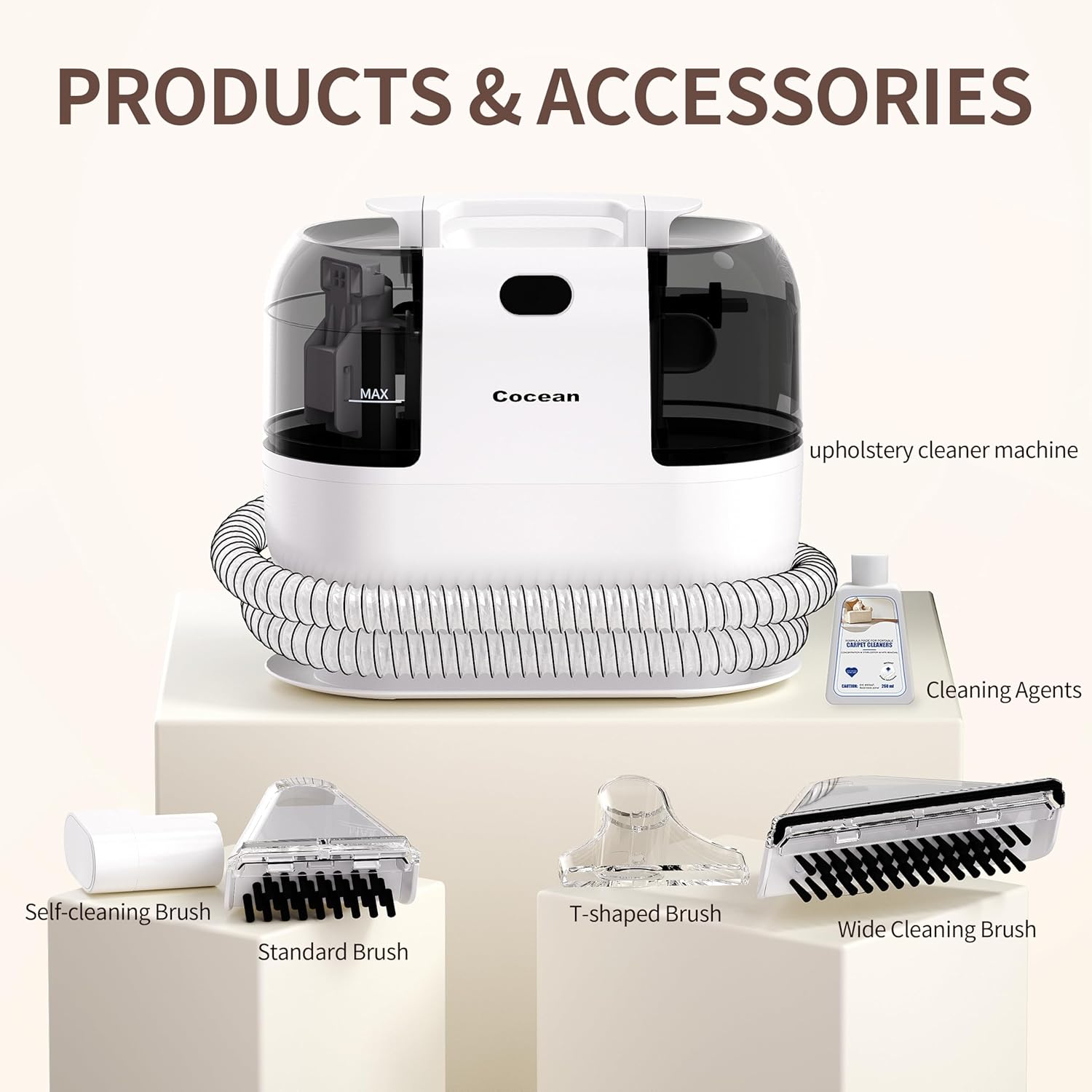 COCEAN Multi-Purpose Portable Upholstery and Carpet & Area Rug Cleaner with Shampooer, Car Interiors Machine Powerful Suction Spot and 260ML Deep Stain Cleaning Shampooer for Pets, 4 Cleaning Tools