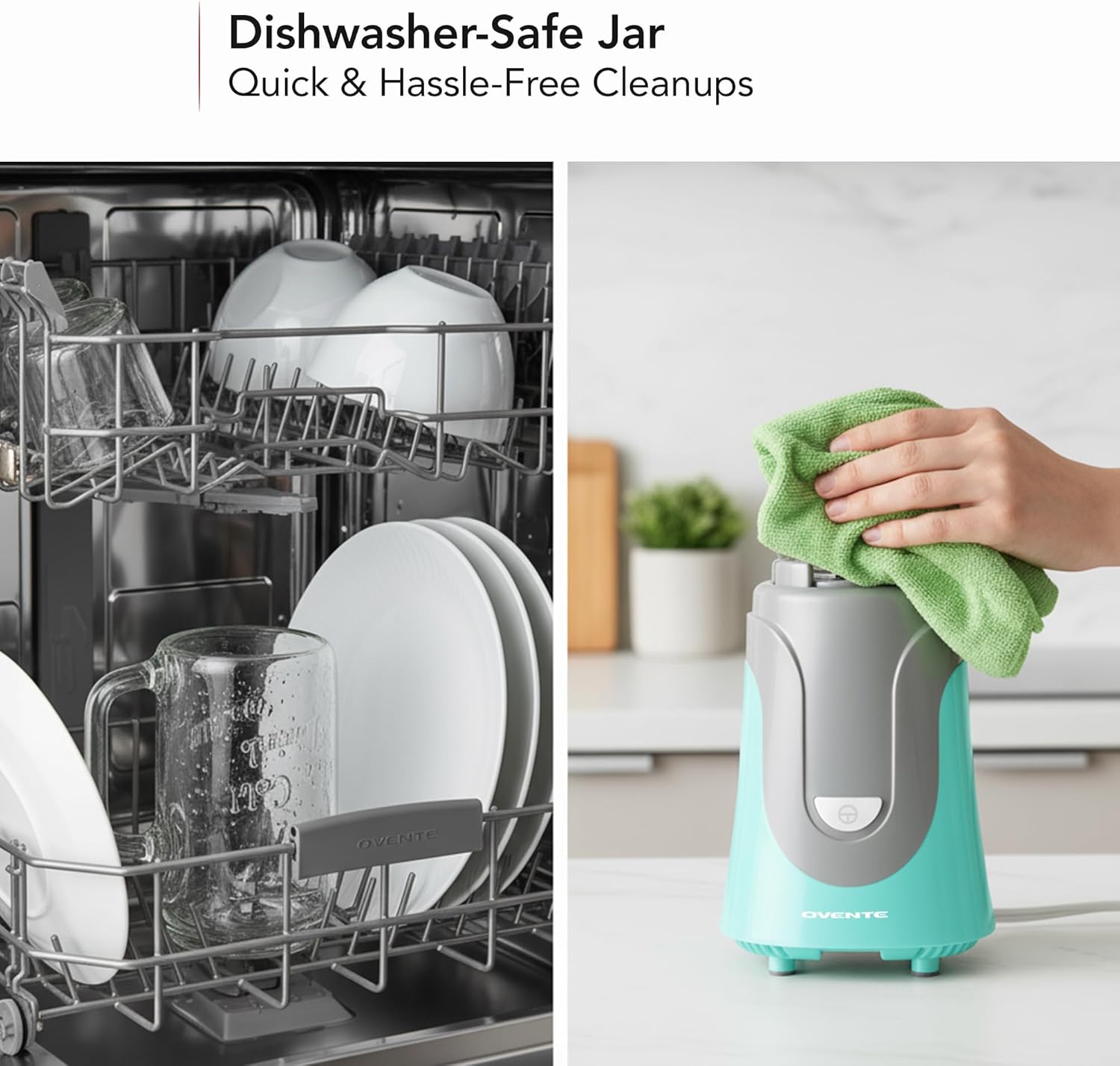 OVENTE Retro Personal Blender and Smoothie Maker with 18 Oz Mason Jar, 300W Base, Stainless Steel Blades, BPA-Free and Dishwasher Safe Container, Includes Reusable Straw and Lid, Turquoise BLH1002T