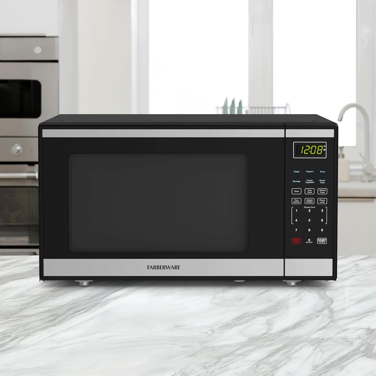 Farberware 1.6 Cu. Ft. Countertop Microwave Oven – 1100 Watts Power, Auto Cook Settings, Defrost, Easy Clean and Child Safety Lock - Stainless