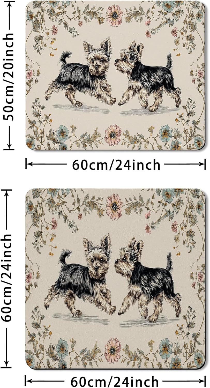 Yorkshire Terrier Washer Dryer Top Protector Mat, Vintage Floral Design Laundry Machine Dust Covers, Decorative Rubber Anti-slip Waterproof Washer And Dryer Mats for Home 24x24 Inch