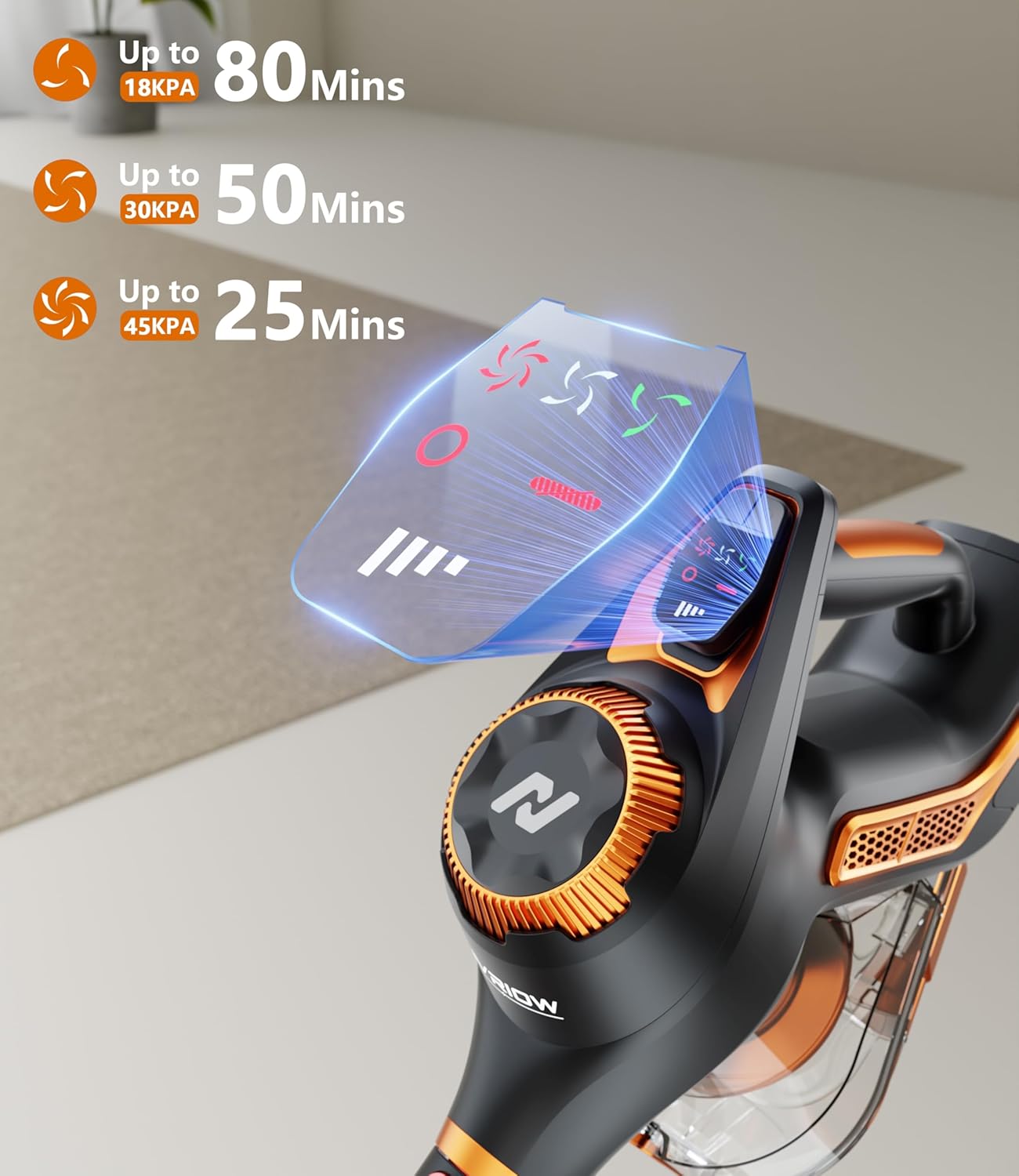 Cordless Vacuum Cleaner for Home, 45Kpa Stick Vacuum, Max 80mins Runtime, 1.5L Dust Cup, Rechargeable Lightweight Handheld Vacuum for Carpet/Hardwood Floor/Pet Hair/Car (Sunset Orange)