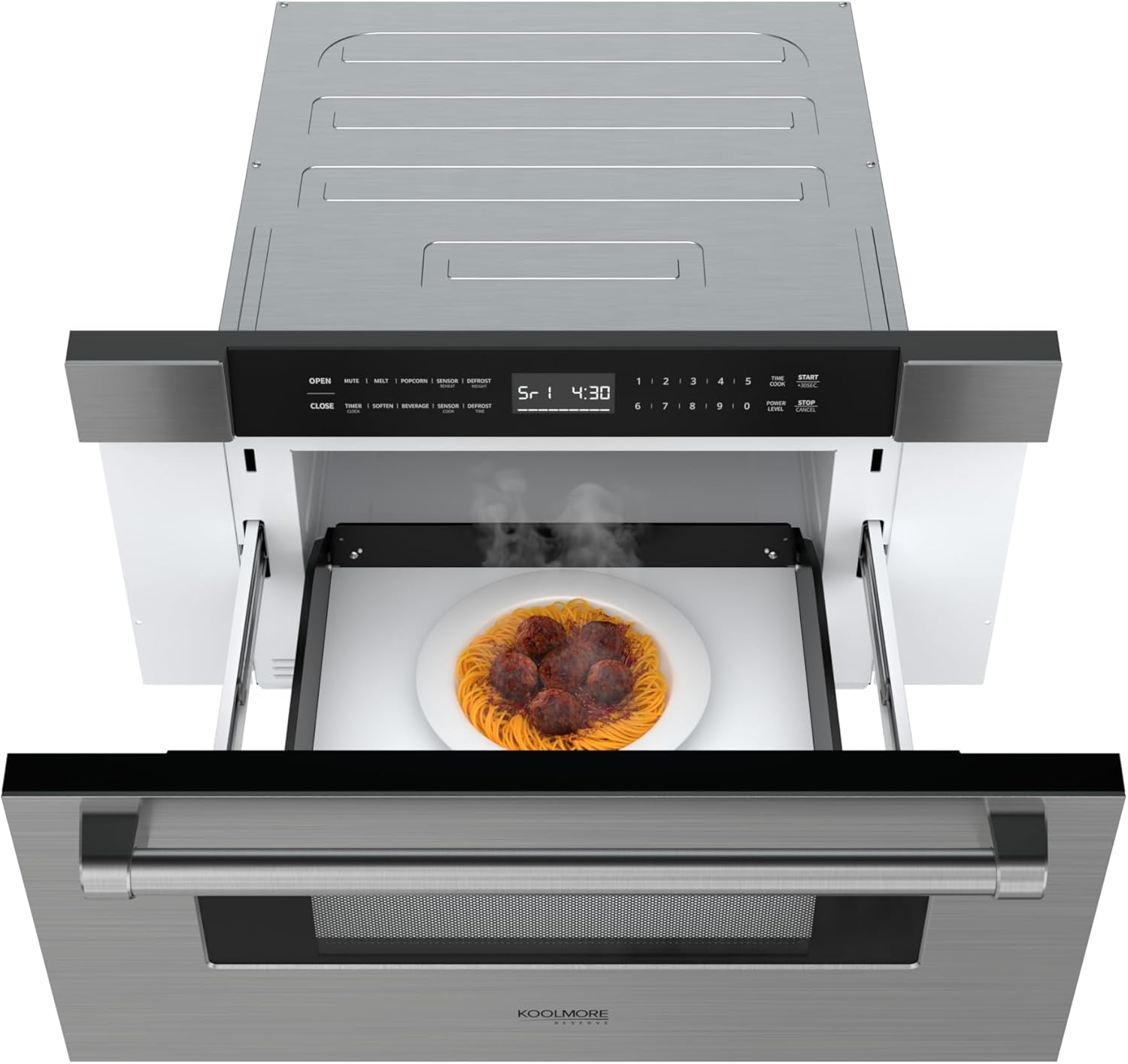 KoolMore Reserve 30 in. 1.2 cu. ft. Microwave Drawer with 10 Power Levels, Sensor Cooking, Melt, Defrost, Bake, Roast, Broil, Timer, Express Cook, 1500 Watts, UL Certified in Black Stainless-Steel