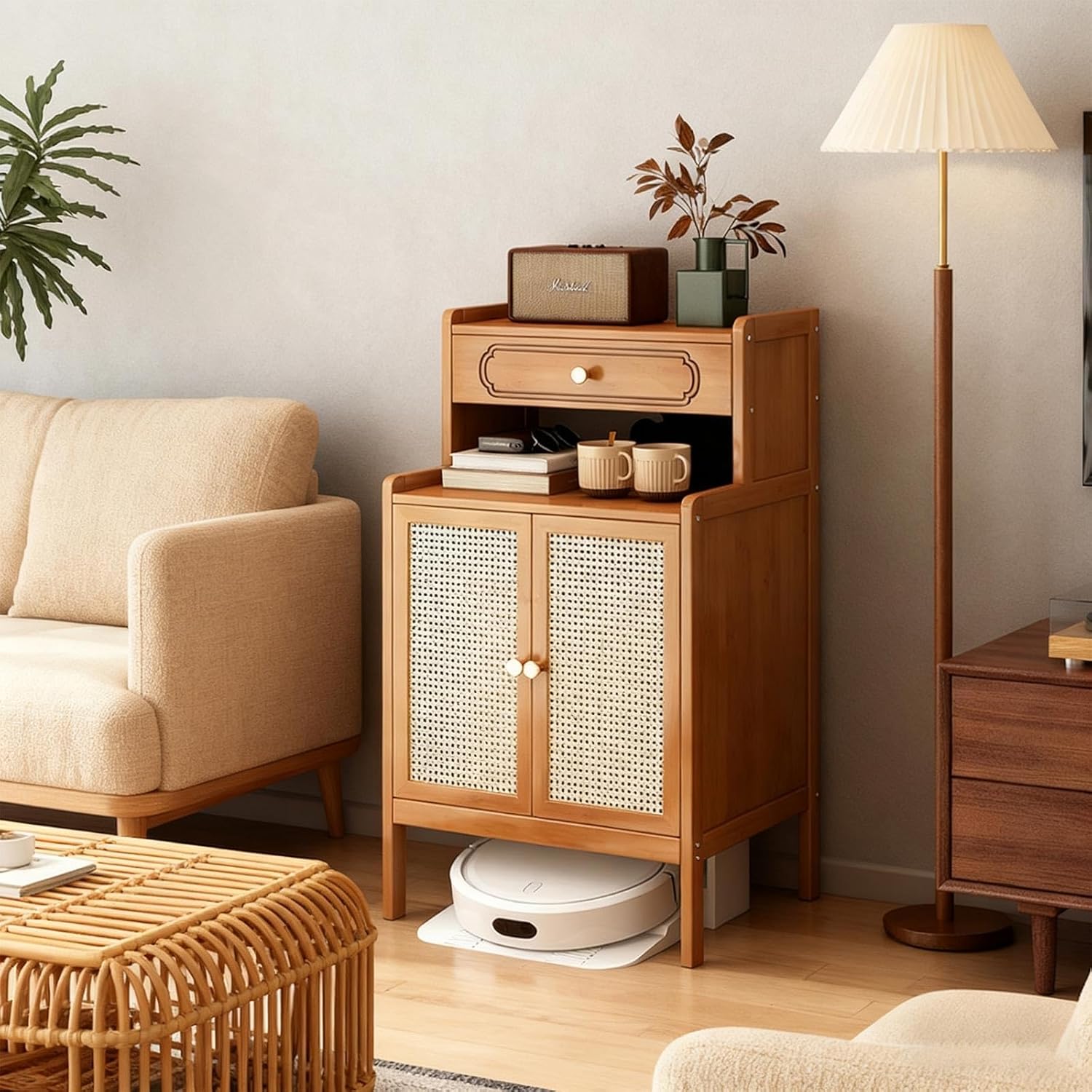 Wooden Robot Vacuum Storage Cabinet with Rattan Door Modern Side Table Storage Cabinet with Drawer End Table Space Saver Open Base for Living Room, Kitchen, Office(Natural)