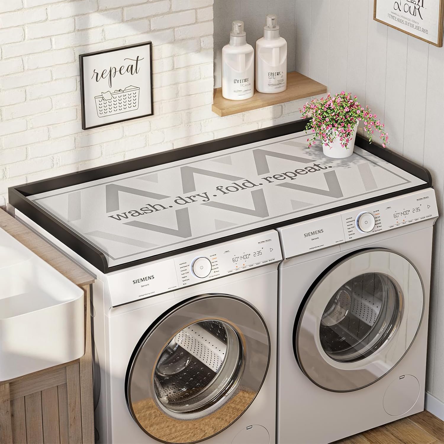 Premium Washer Dryer Countertop with Anti-Slip Pad, 54inch Laundry Room Organization Set, Stackable Storage Solution with Silicone Ironing Mat, Diatomite Mat(Black)