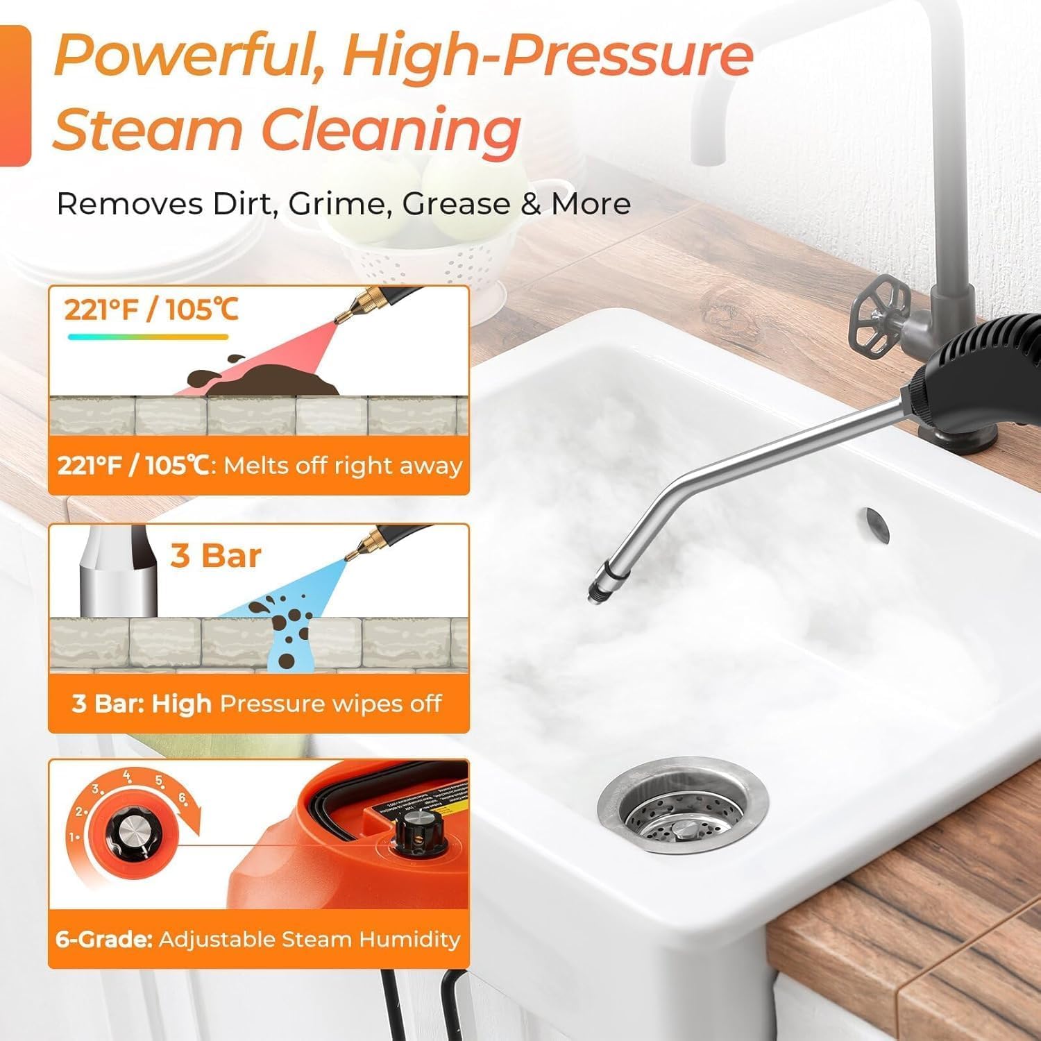 1500W Handheld Steam Cleaner, Professional Portable Steamer with 3 Brushes & 6 Adjustable Gears for Deep Cleaning