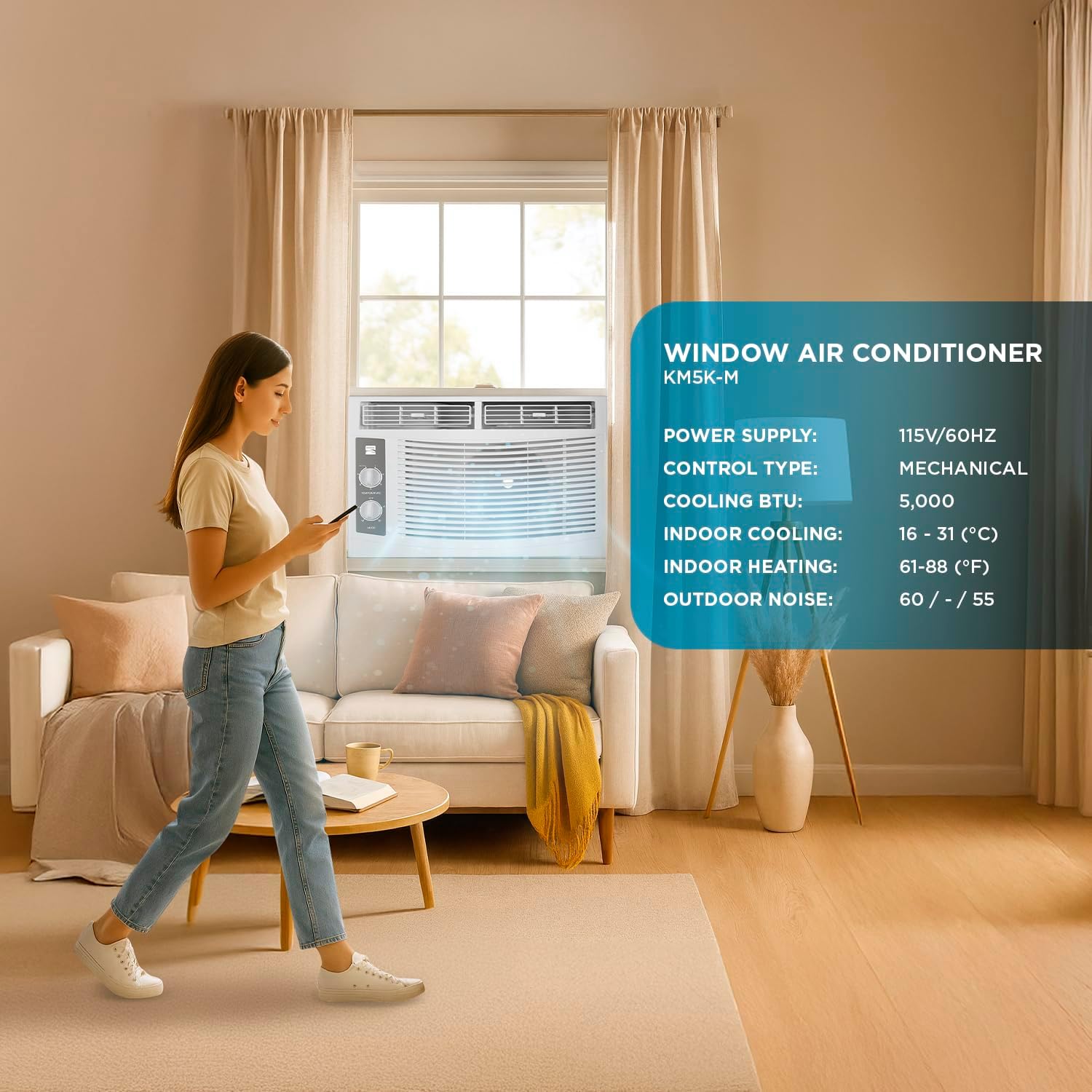 Kenmore KM5K-M 5,000 BTU Window Air Conditioner for Small Rooms up to 150 Sq. Ft. – Quiet Cooling, Easy Install, Energy Efficient AC Unit, 2 Fan Speeds, Washable Filter, Manual Controls