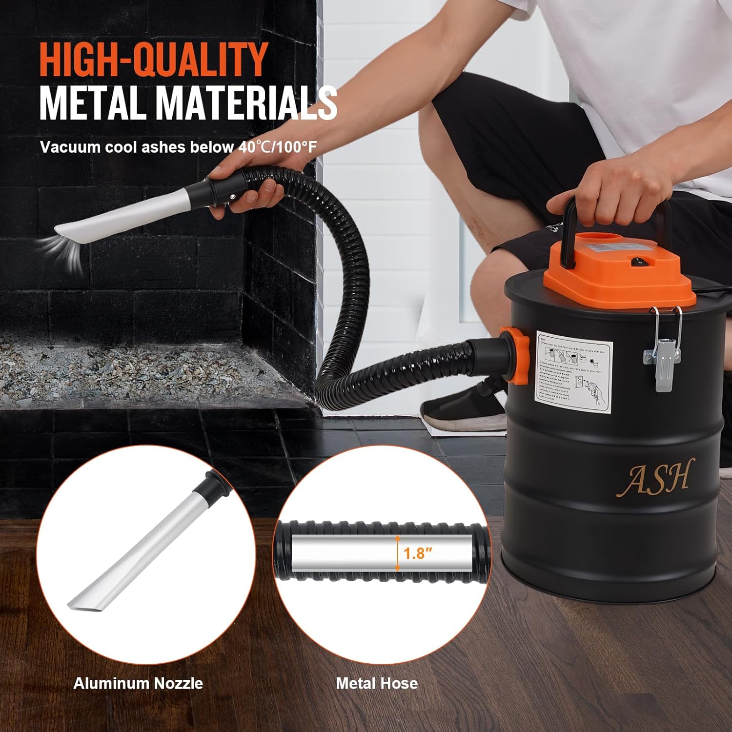 Ash Vacuum Cleaner -4 Gallon Fireplace Ash Vac with 800w Powerful Hose Non-Woven Dust Separator | Dry Stove Vacuum for Fireplaces Pellet Grill Wood Stove Fire Pits Orange