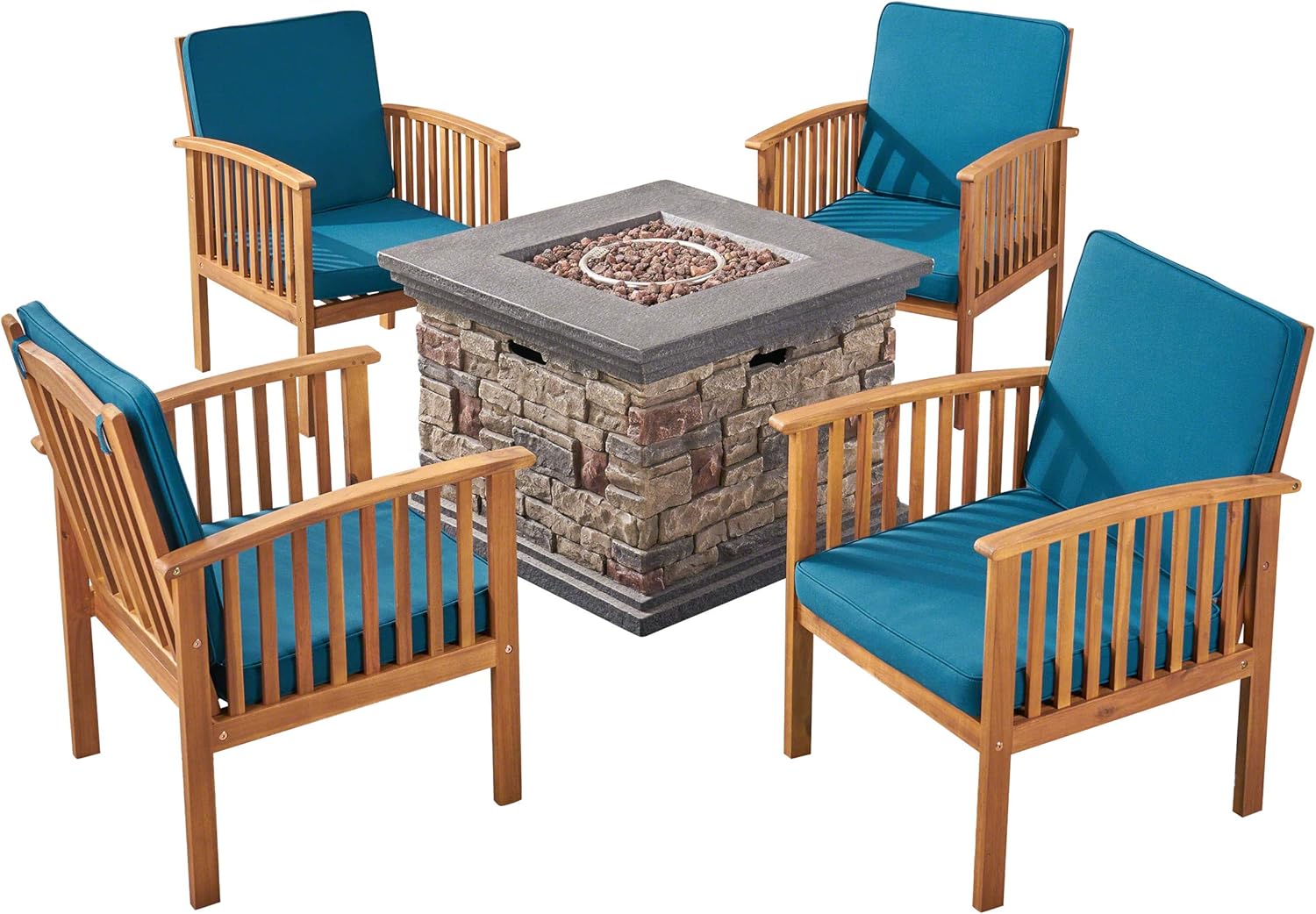 Great Deal Furniture GDFStudio Outdoor 4-Seater Acacia Wood Club Chairs with Firepit, Brown Patina Finish and Dark Teal and Stone