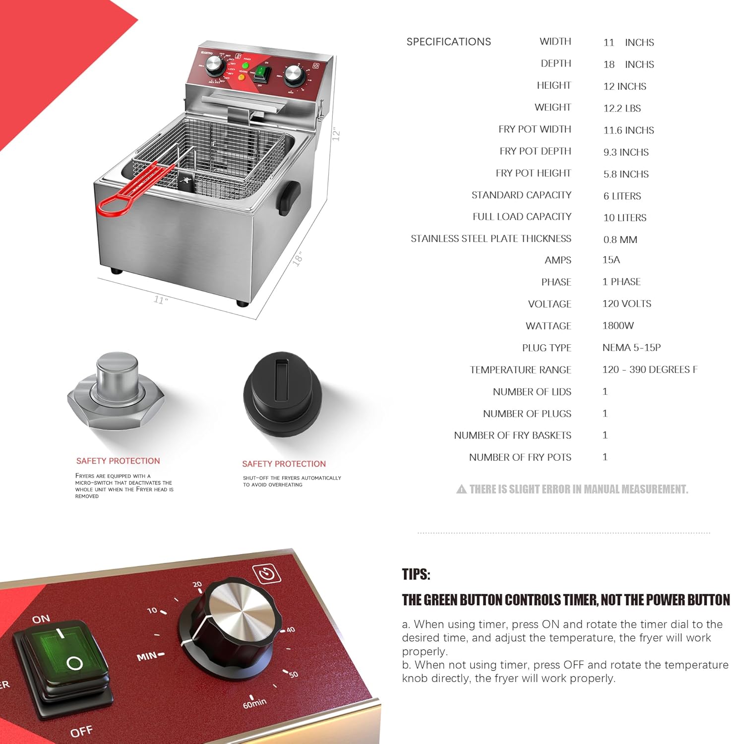 EGGKITPO Electric Deep fryer Single Tank Deep Fryer with Basket Capacity 10L(10.5QT) Electric Countertop Fryers with 60 Minute Timer for Home Kitchen and Restaurant, 1800 Watts, 120V