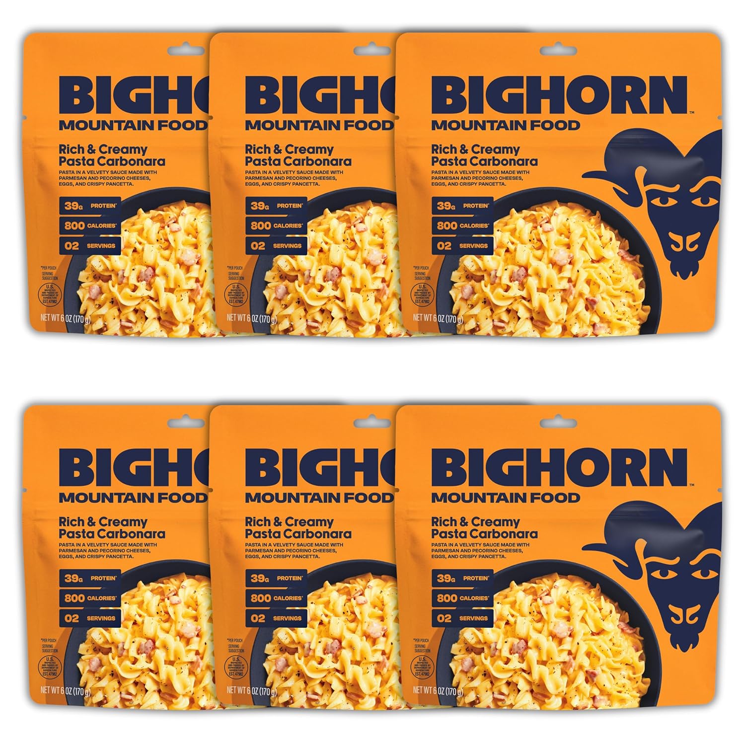 BIGHORN Mountain Food Rich & Creamy Pasta Carbonara - contains 6 packs | 12 servings | 234g Protein | 4,800 Calories - premium freeze dried meals for backpacking food - dehydrated camping food for backpacking meals - ideal camping meals just add wate
