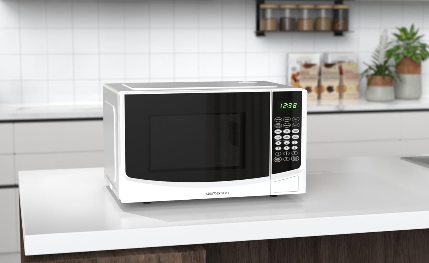 Emerson 0.9 Cu. Ft. Compact Countertop Microwave Oven with Touch Control, LED Display, 900W, 6 Auto Menus with Removable Glass Turntable and Child Safety Lock, MW9255W, White