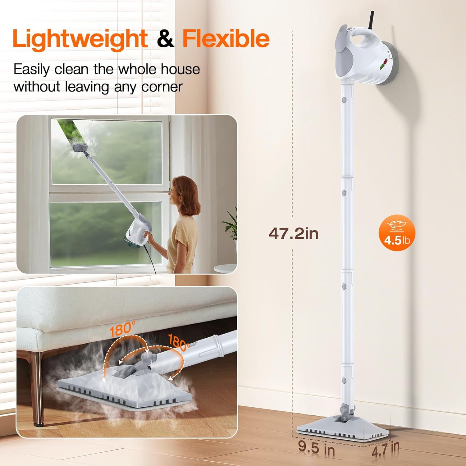 ScrubWiz 10-in-1 Steam Cleaner, Steam Mop & Detachable Handheld Steam Cleaner, 320ml Water Tank, 10s Fast Heating, Portable Steamer for Kitchen, Floor, Tiles, Home, BBQ, Ergonomic Handle, Bright White