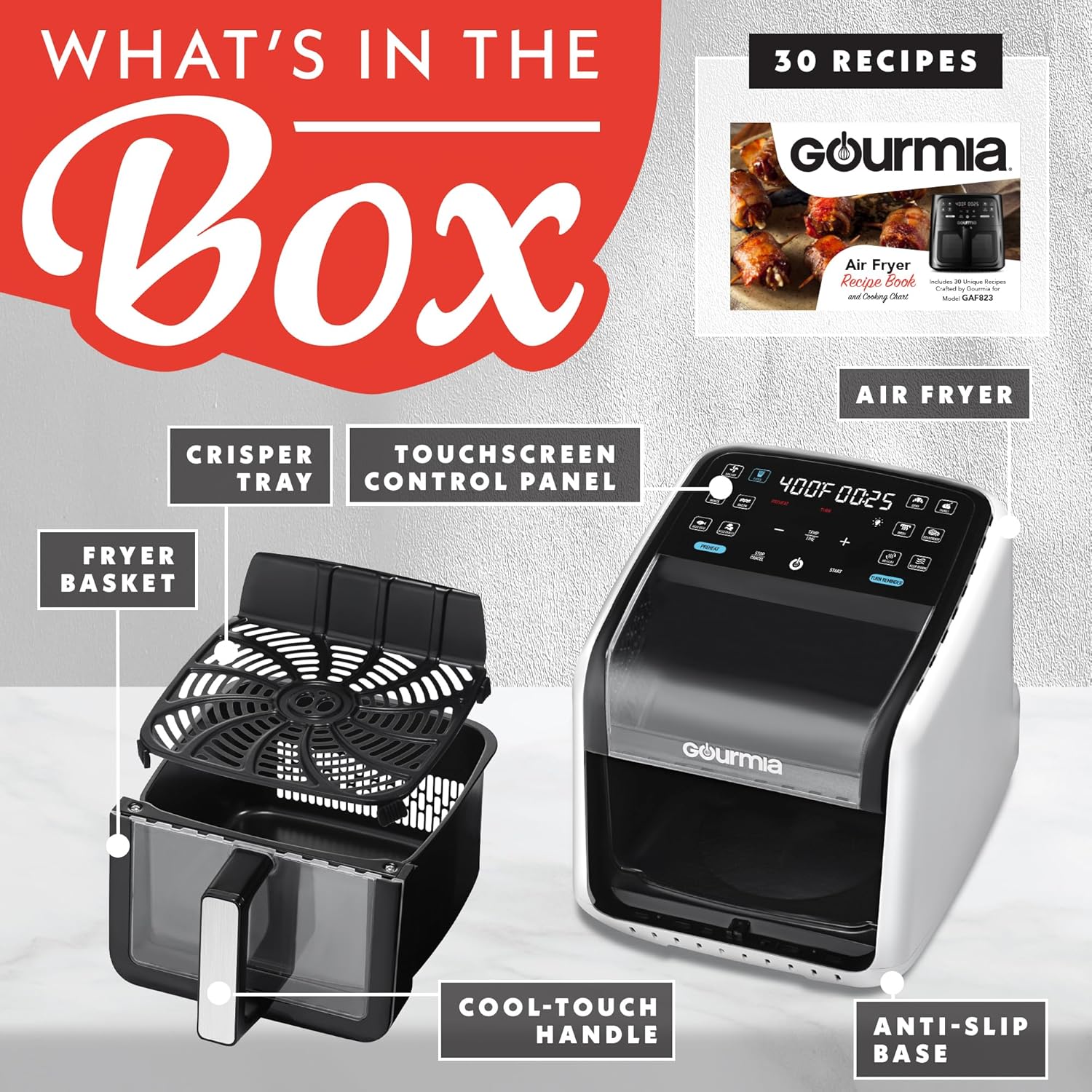 Gourmia Air Fryer 7 QT - Easy View Panoramic Window & Interior Light, Guided Cooking with 12 One-Touch Presets, FryForce 360, Dishwasher Safe Accessories, White