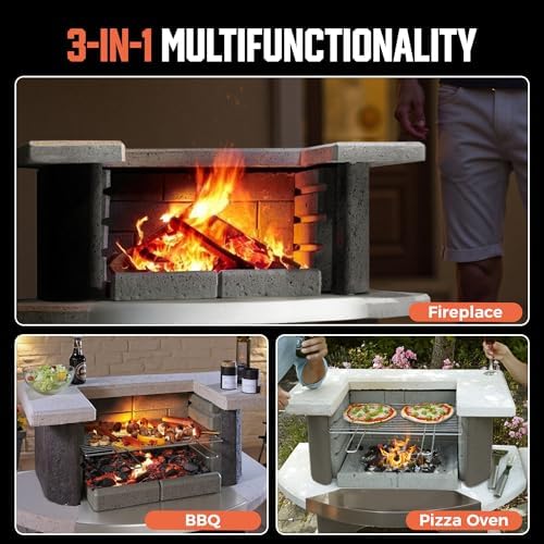 Concrete Outdoor Fireplace with Grill, Wood Burning Fireplace with Wood Storage and Chimney, Include Grill Rack & Charcoal Pan, 36.6