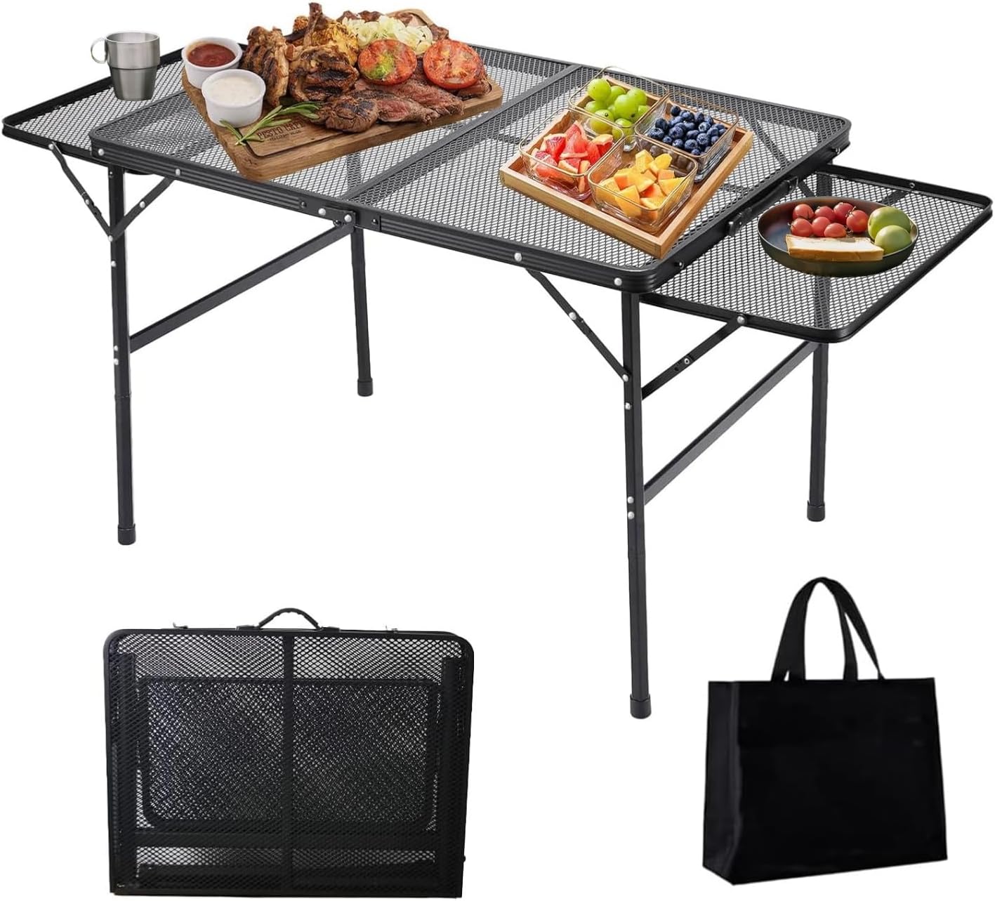 HCSH&WILL Folding Grill & Camping Table, Height-Adjustable Portable Metal Surface for Picnics, BBQs, Outdoor, Patio, Garden, and Parties (with Wing Plates 3Ft)