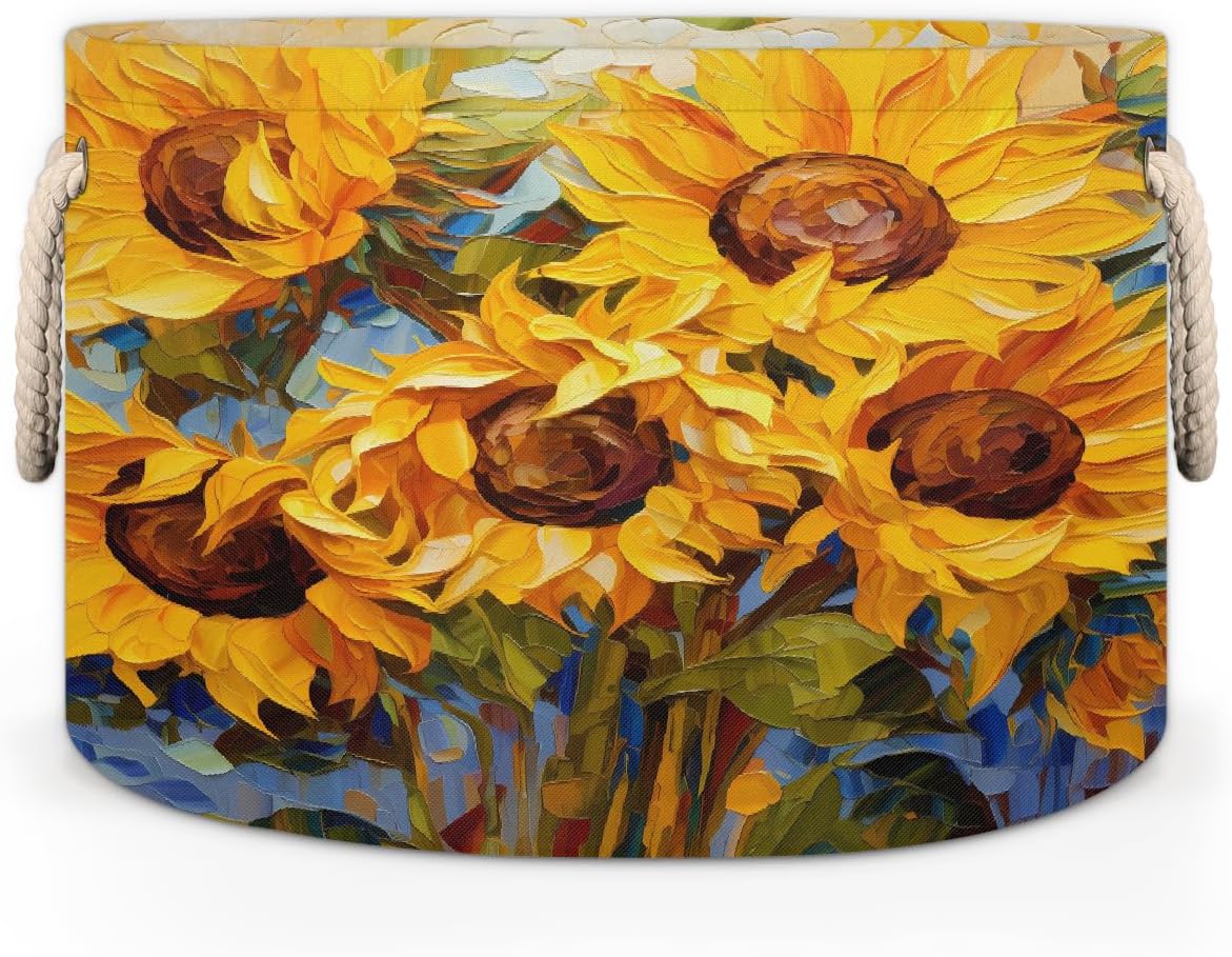 Abstract Oil Painting Sunflower Round Storage Basket Laundry Hamper Collapsible Laundry Basket with Handles Large Canvas Storage Bin for Clothes Toys Nursery Bedroom Closet Organizer