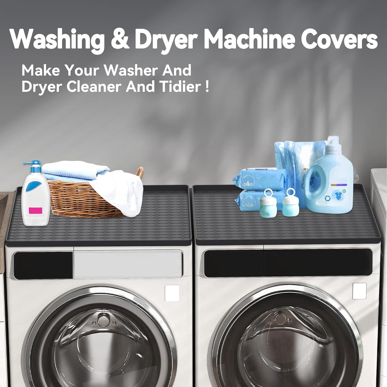 2 PCS Washer and Dryer Covers for the Top, Non-Slip Silicone Washer Dryer Countertop Protector Mat, Waterproof Dust Washing Machine Cover Protector Pad for Laundry Room & Kitchen, 25.6 x 23.6 Inch