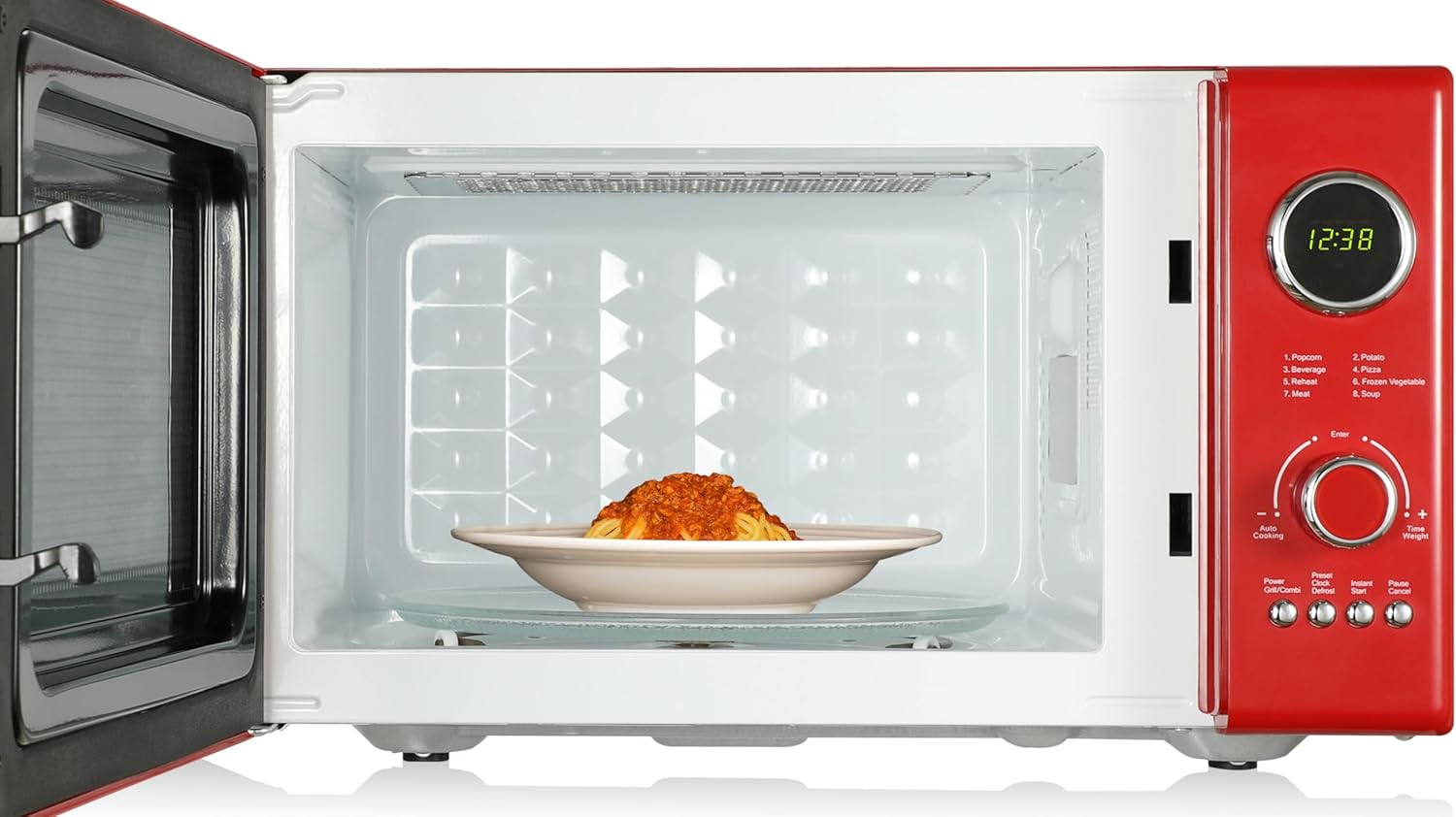 Emerson MWRG0901RD 0.9 Cu. Ft. Retro Microwave with 1,000W Grill Function, 800W Cooking Power, LED Display, 5 Power Levels, 8 Auto Menus, Glass Turntable, Child Lock, Red Countertop Design