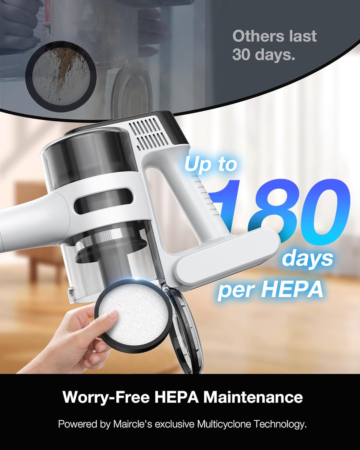 Cordless Stick Rechargeable Vacuum Cleaner, Lightweight, 55min Runtime, 20KPa Suction, Anti Tangle LED Headlight Brushless, Ideal for Carpets, Hardwood Floors, Pet Hair, and Home