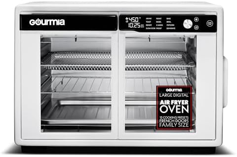 Gourmia French Door Air Fryer Oven - 37 Qt Large Capacity Convection Toaster Oven, FryForce 360°, Digital Display, 12 Cooking Presets, Dehydrate, Fits 13” Pizza, Dishwasher-Safe, White