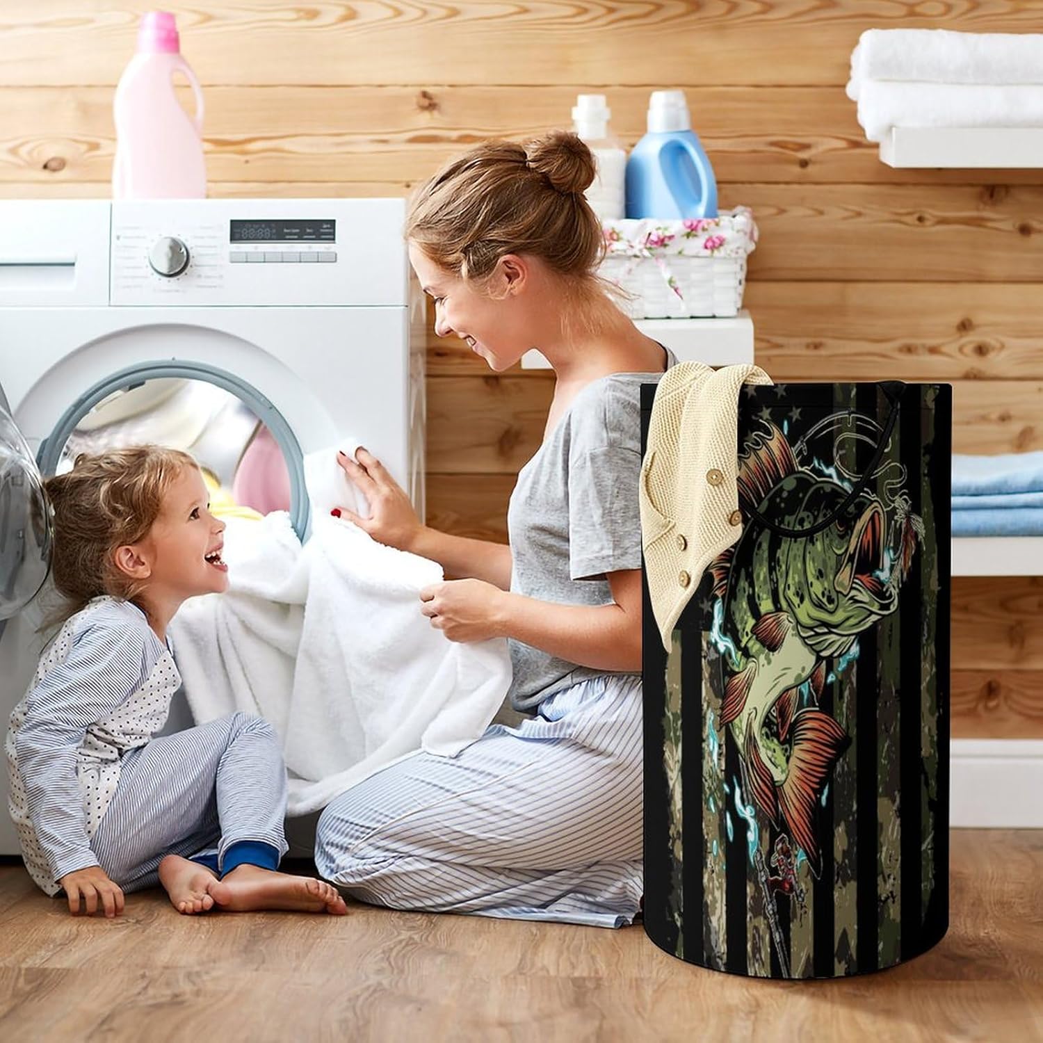 Watercolor American Flag Camo Fishing Laundry Hamper Dirty Clothes,Rustic Camouflage Hunting Theme Fishing Large Laundry Basket Storage Basket For Bathroom 15.7W
