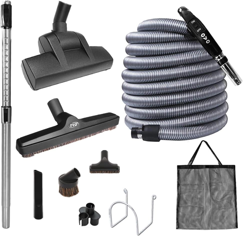 OVO Airwatts Heavy Duty Powerful Central Vacuum System, Hybrid Filtration (with or Without Disposable Bags) 35L or 9.25Gal, 700 Air watts with 35ft Premium Deluxe Plus Accessory kit Included, White