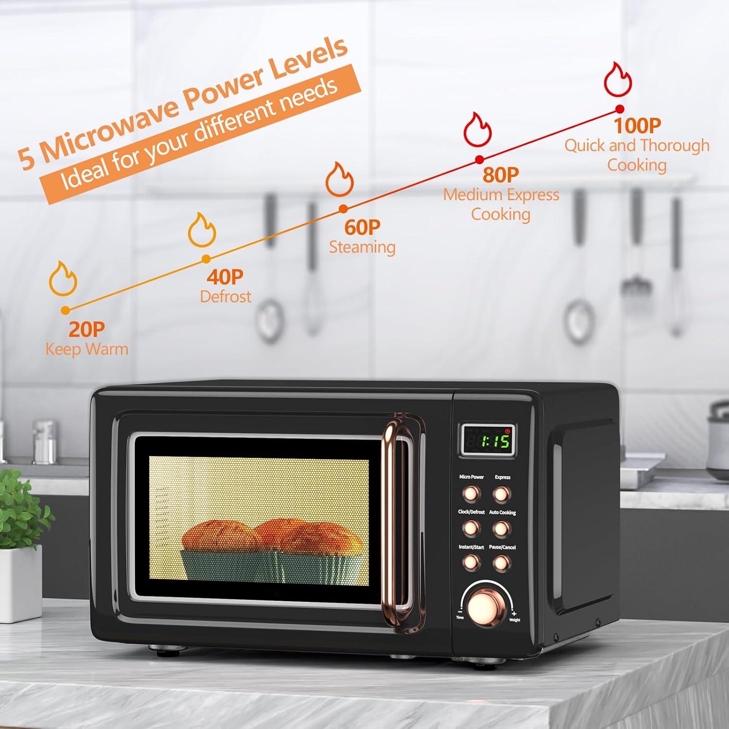 Moccha Retro Microwave, 0.7Cu.ft Compact Microwave, 700-Watt Countertop Microwave Ovens w/5 Micro Power, Delayed Start Function, LED Display, Child Lock, Small Microwave (Black)