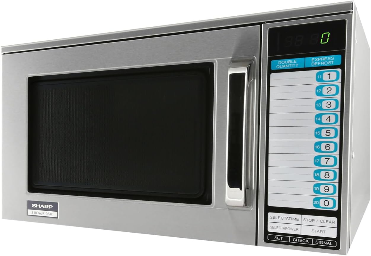 Sharp R25JTF Commercial Microwave Oven, 2100W, Heavy-Duty, 0.70 Cu. Ft. Stainless Steel, 20 Program Inputs, 3-Stage Cooking, Selectapower™, Express Defrost™, Digital Display