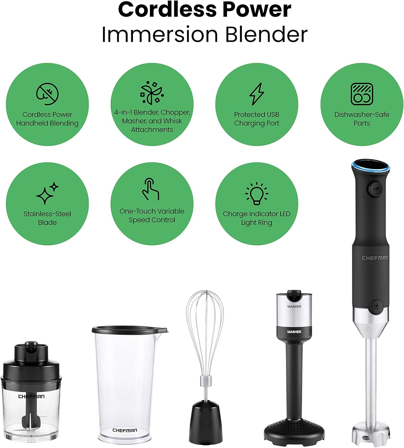 CHEFMAN Cordless Portable Immersion Blender 5-in-1 Blender Set, Ice Crushing Power with One-Touch Speed Control, Comes with Potato Masher, Whisk, Chopper, Beaker, and Storage Case, Stainless Steel