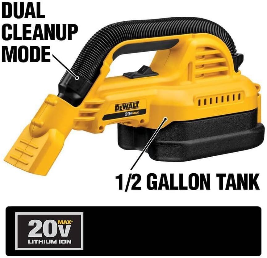 DEWALT 20V MAX Hand Vacuum, Cordless, for Wet or Dry Surfaces, 1/2-Gallon Tank, Washable Filter, Portable, Bare Tool Only (DCV517B)