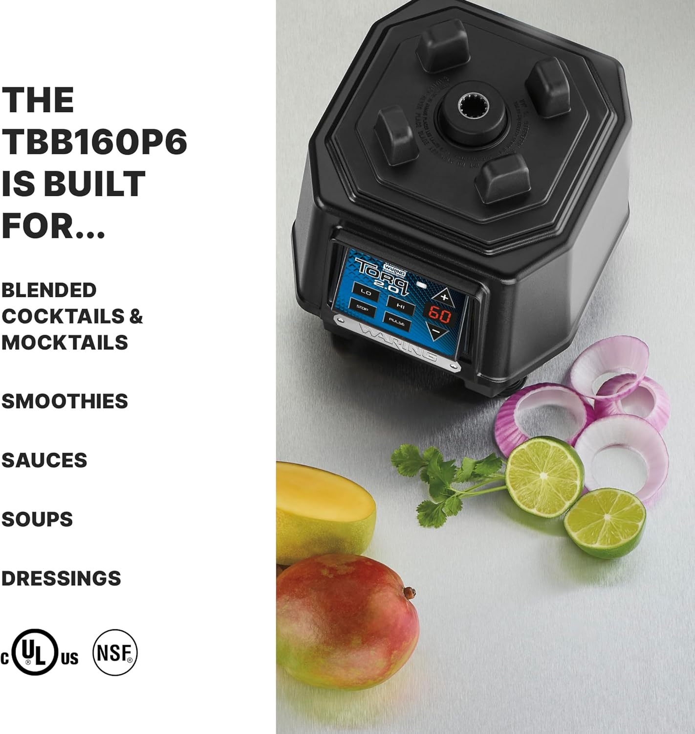 Waring Commercial TBB160P6 TORQ 2 Horsepower Blender, Electronic Keypad with 60-Second Countdown Timer and a 64 oz. BPA Free Copolyester Container, 120V, 5-15 Phase Plug