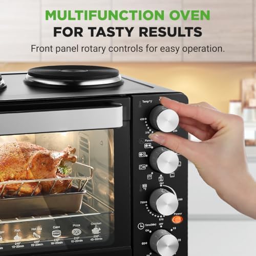 NutriChef 30 Quart Kitchen Convection Oven & 2 Burner Cooker - 1500 Watt Oven - 7 Cook Functions Rotisserie, Cook, Bake, Broil & More - Includes Baking Tray, Skewers & Handles - 19.6 x 16.0 x 13.5 IN