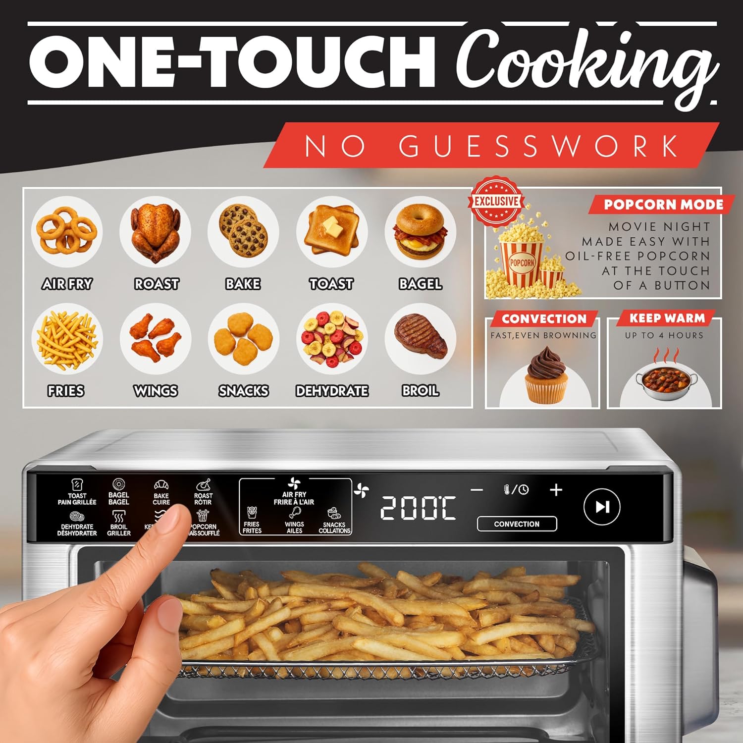 Gourmia Toaster Oven Digital Air Fryer - Convection Mode with 4 Slice Capacity, 3 Rack Positions, 12 Presets, Toast, Bagel, Bake, Roast, Broil, Dehydrate, Popcorn, Fits 9