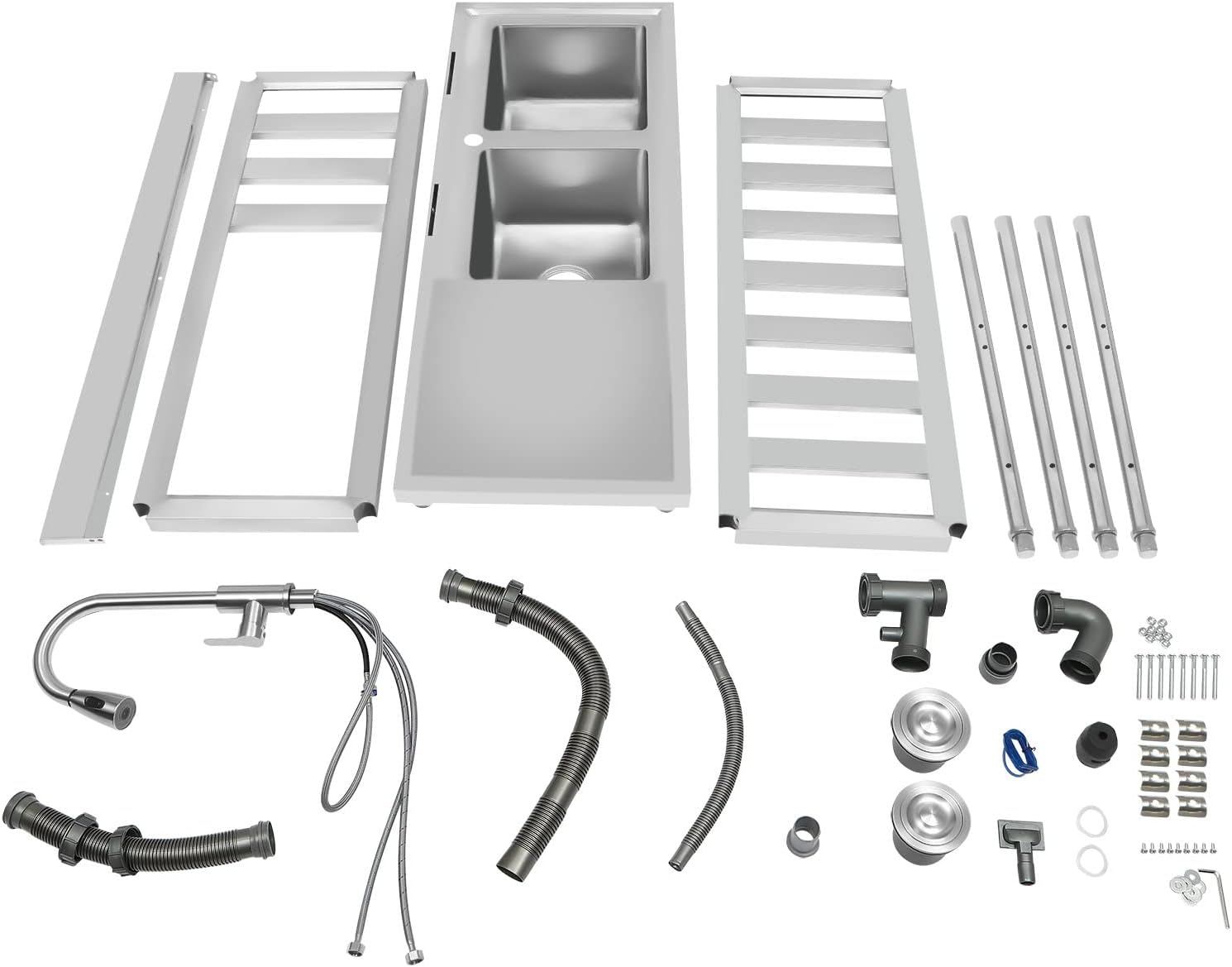 Double Utility Sink, (47.2x17.7x31.9in) Stainless Steel Table with Sink with Water Faucet and Drainage Pipes, Outdoor Sink Kitchen Appliances for Laundry Room Garage Dorm