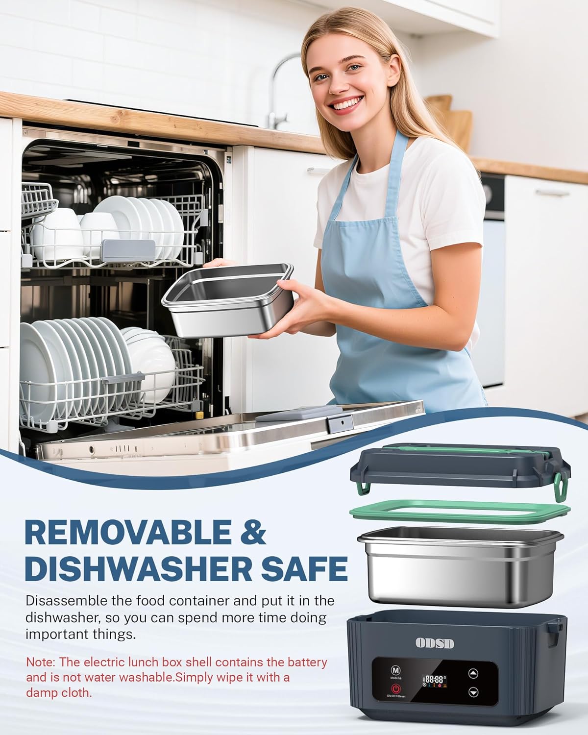 ODSD Cordless Electric Lunch Box for Adults, Heated Lunch Box with 130min Battery Life, Self-Heating Portable Electric Food Warmer with 1.2L Container for Truck, Office, or Outdoor Worksite