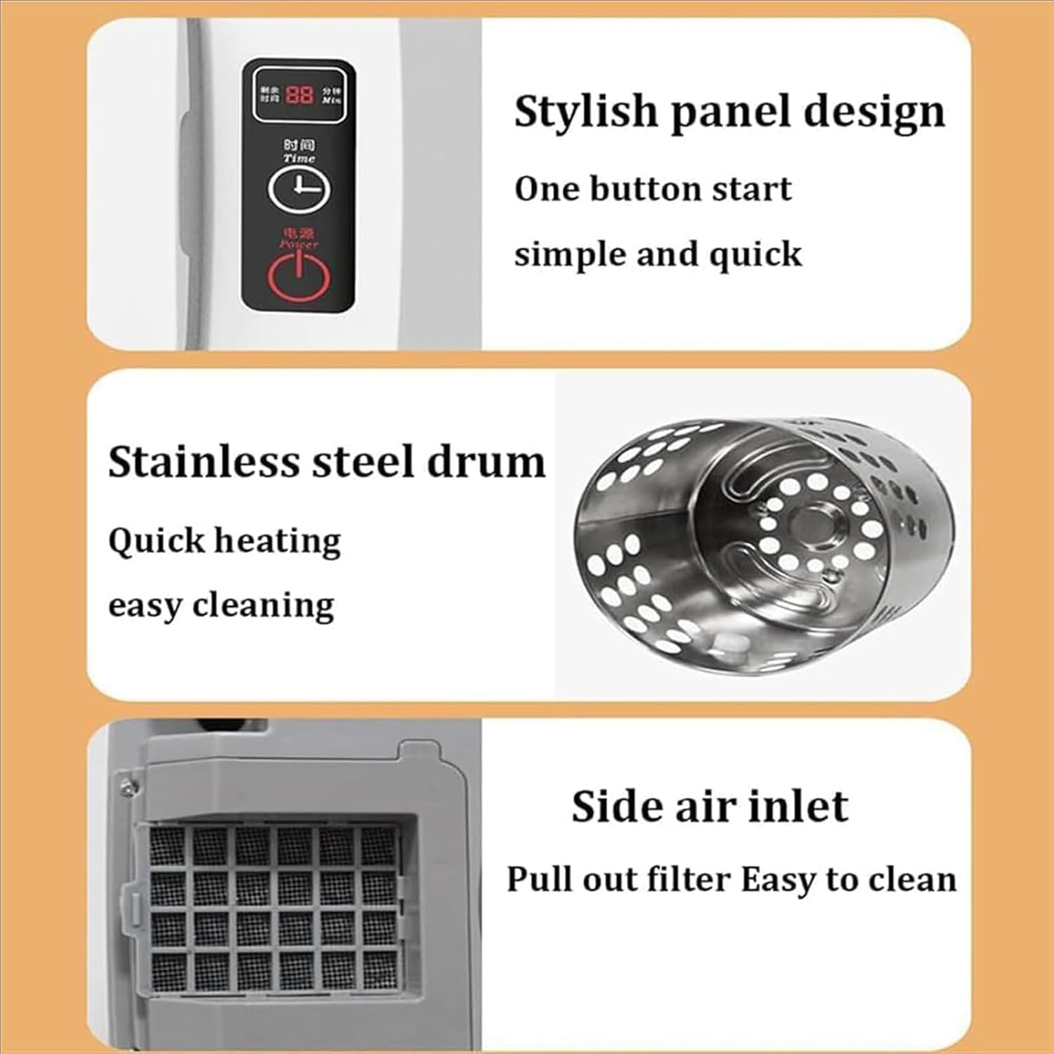 Portabl Tumble Dryer, Electric Clothes Dryer, 3 Gear Adjustment, 3D Quick Drying In 30 Minutes, Dry Clothes Capacity 1kg, with Stainless Steel Tub, for Apartment, Home, Dorm