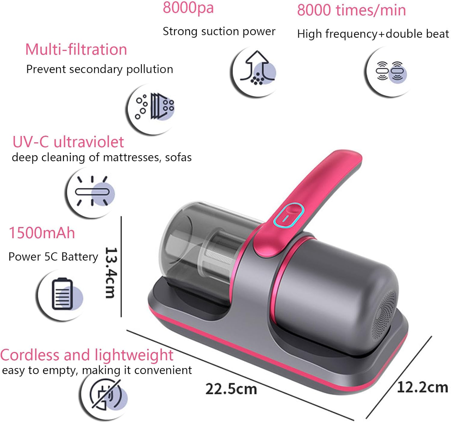 Handheld Vacuum Cordless Rechargeable,8kpa Suction,Strong Double Beat Mode, 8000 Beats Per Minute - Powerful Vacuum Cleaner for Mattress,Sofa & Carpets (Red)