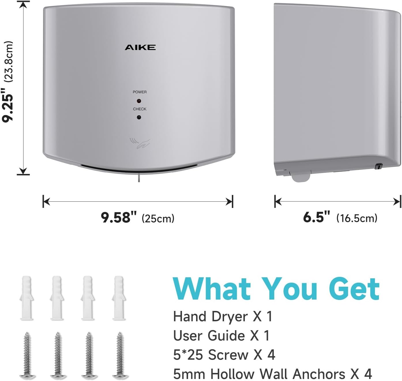 AIKE Air Wiper Compact Hand Dryer 110V 1400W Silver (with 2 Pin Plug) Model AK2630S