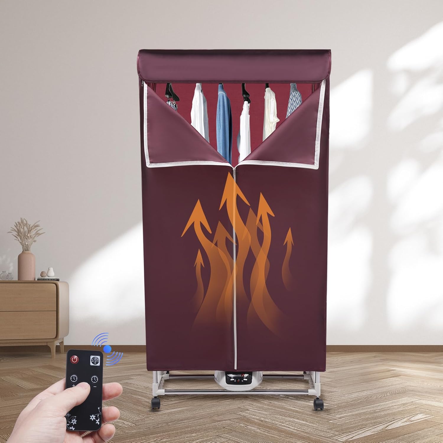 Portable Clothes Dryer, 1200-1500W Electric Dryer with 3 Gears 2-Tier Foldable Portable Travel Mini Dryer Machine with Stainless Steel Rack and 66lbs Capacity for Apartments RVs Homes (Red)